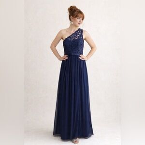 David’s Bridal Bridesmaid Blue Navy Lace Chiffon Dress one shoulder flowy size 6